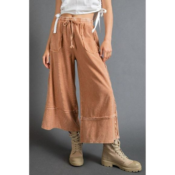 easel Pants - Easel Washed Terry Knit Palazzo Wide Leg Boho Bohemian Pants in Cinnamon EB40797